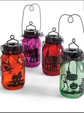 Halloween Mason Jar Lanterns from Frontgate with Witch Skeleton Cat & Graveyard